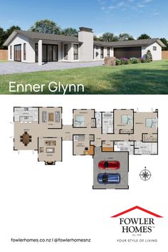 the floor plan for a modern house with two levels and three car garages on each level