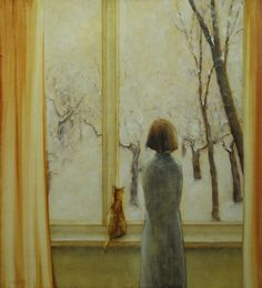 a painting of a person standing in front of a window with a cat looking out the window