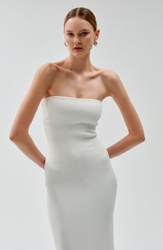 This midi dress is sophisticated and alluring in equal measure. Characterized by a strapless profile, it’s cut from a blended stretch-knit that accentuates your figure yet has unbelievable ease of movement. FINAL SALE Ronny Kobo, Summer Knitting, Mermaid Wedding, Mermaid Wedding Dress, Knit Dress, Final Sale, Mermaid, Midi Dress, Wedding Dress