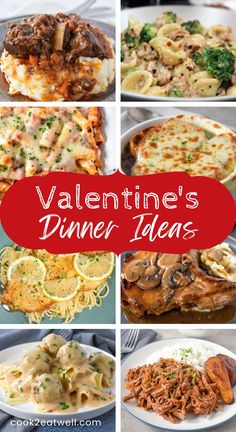 A collage of eight pictures of dishes featured in the article with a red graphic in the middle with the title written in white letters. Fun Family Valentines Dinner, Valentine Chicken Dinner, Valentine’s Day Banquet Ideas, What To Make For Valentines Dinner, Red Meals For Valentines Day, Valentine Meals For Two, Valentine’s Meal Ideas, Valentine’s Day Supper For Kids, Valentines Meals Dinners