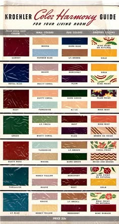 the color guide for leathers and fabrics from an old catalog, showing different colors