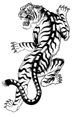 a black and white drawing of a tiger on the back of it's body