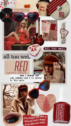 a collage of red and white items including lipstick, eyeglasses, nail polish