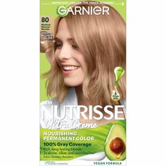 Garnier Nutrisse Ultra Crème Nourishing Permanent Hair Color nourishes as it colors for 2x shinier, silkier and nourished hair vs. uncolored, unwashed hair. Garnier Nutrisse permanent natural blonde hair dye comes with a fruit oil ampoule that you pour directly into the mix. Our nourishing after color conditioner is infused with five responsibly-sourced oils - avocado, olive, coconut, argan and shea. The new ColorBoost technology efficiently infuses intense dyes into the hair fiber for richer, r Natural Blonde Hair Dye, Dark Natural Blonde, Permanent Hair Dye Colors, Almond Creme, Blonde Dye, Color Conditioner, Hair Color Caramel, Dyed Blonde Hair, Natural Blonde