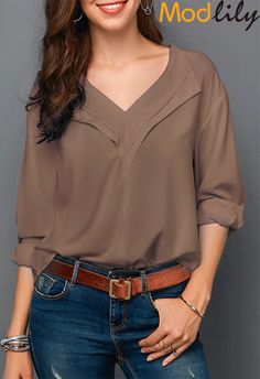 $28.42,free shipping,new arrival,solid,khaki v neck roll sleeve blouse. You only need pay $28.42 for this unique design blouse. Shop it now. Fall Blouses For Women Classy, Blouse 2023, Khaki Blouse, Casual Blouse Shirts, Afrikaanse Mode, Boutique Style Outfits, Trendy Tops For Women, Black Blouse Long Sleeve, Trendy Fashion Tops