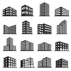 the silhouettes of different buildings are shown in black and white, including one large building