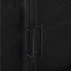 the side view of a black metal cabinet with holes on it's sides and an opening