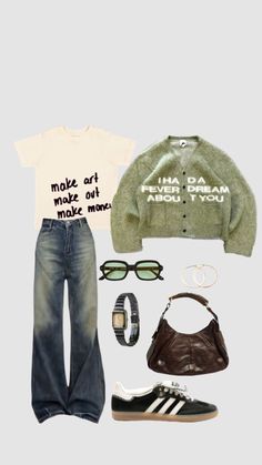 This outfit channels a nostalgic retro vibe with a contemporary edge. A graphic tee featuring a playful slogan pairs perfectly with a cozy, oversized cardigan. Distressed denim jeans add a relaxed feel, while vintage-inspired sunglasses and hoop earrings complete the look. A classic leather hobo bag and retro sneakers provide a touch of timeless style. This outfit is perfect for a casual day out or a night with friends. Jeans Outfits Winter, Night With Friends, Winter Fit, Jeans Outfits, Outfit Trends, Streetwear Fashion Women, Retro Sneakers, Distressed Denim Jeans, Outfits Winter