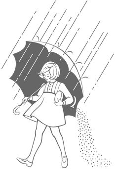 a black and white drawing of a girl holding an umbrella in the rain with her hand