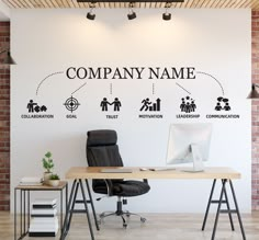 a desk with a computer on it in front of a wall that says company name