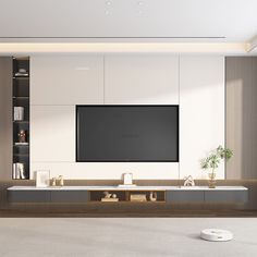 a large flat screen tv mounted to the side of a wall in a living room