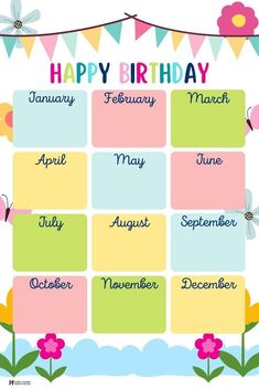 a happy birthday calendar with flowers and buntings on the sides, in pastel colors