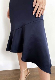 ANGELEYE Emerald Satin Midi Skirt | Little Black Dress Navy Satin Skirt, Handkerchief Hem