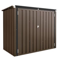 a brown metal storage shed with the door open on an isolated white background, 3d rendering