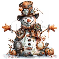 a drawing of a snowman with gears on it's head and arms, wearing a top hat