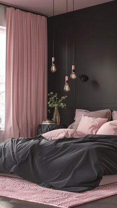 a bedroom with black walls and pink curtains