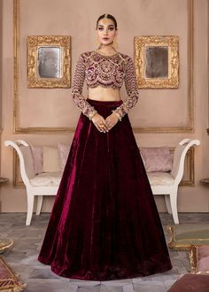 Bridal Wedding Dress in Velvet Lehenga and Choli Style Organza Choli, Choli Style, Kanwal Malik, Velvet Blouse Design, Simple Lehenga, Velvet Lehenga, Lehenga Designs Simple, Velvet Dress Designs, Lehenga Blouse Designs