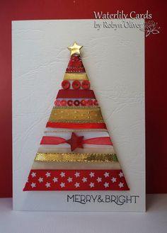 a christmas card with a red and gold tree on it