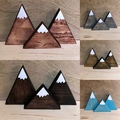 four wooden mountains are shown with white and blue ones in the top one is made out of wood