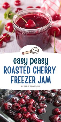 a glass jar filled with roasted cherry freeze jam