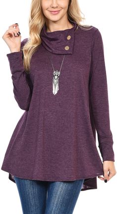 Purple Button-Accent Cowl Neck Tunic Winter Tunics For Women, Winter Tunics, Long Tunics, Winter Tunic, Purple Tunic, Winter Outfits For Girls, Tunic Designs, Kurti Embroidery Design, Cowl Neck Tunic