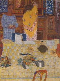 a painting of a woman standing in front of a table with food and utensils on it