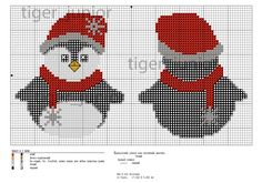 two cross stitch penguins in red hats and scarfs, one with a snowman on it