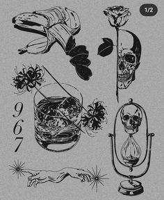 an ink drawing of skulls, flowers and glasses with the numbers 2012 written below them