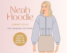 a woman in a skirt and hoodie is shown with the sewing pattern for her