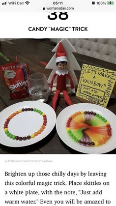 an elf is sitting next to two plates with candy on them and the caption says,