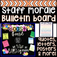 a bulletin board with the words boss, we are letters, posters and more on it