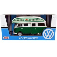 a green and white vw bus in a box