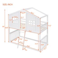 a white bunk bed with measurements for it