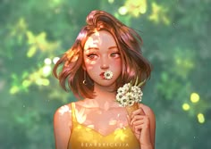 a girl with flowers in her hair holding an ice cream cone