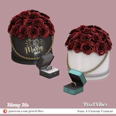 two hats with red roses on them, one is black and the other is white