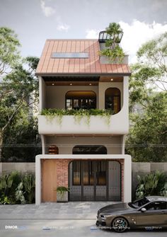 a car is parked in front of a house with plants growing on the roof and windows