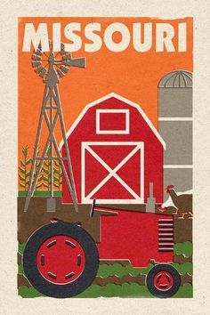 a farm scene with a red barn and tractor