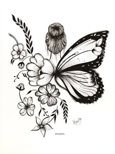 a black and white drawing of a butterfly on flowers