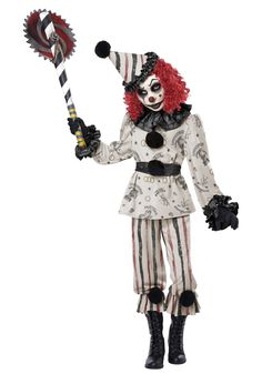 a creepy clown with red hair and makeup holding a toothbrush in one hand while standing up