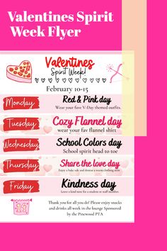 valentine's spirit week flyer with the words, colors and symbols for each day