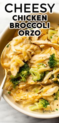 broccoli and cheese chicken broccoli orzo in a white bowl