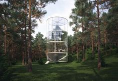 an artistic rendering of a glass tower in the middle of a forest with trees around it