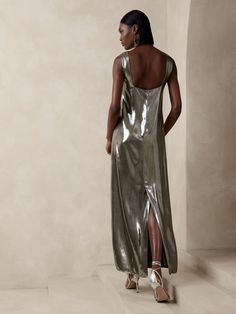 Maxime Metallic Maxi Dress | Banana Republic Metallic Formal Dress, Metallic Clothing, Saturday Dinner, Damask Dress, Gold Maxi Dress, Metal Dress, Blue Plaid Dress, Snake Print Dress, 2024 Style