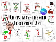 christmas themed footprint art is displayed on a white background with red and green lettering