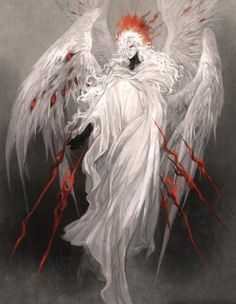 an angel with white wings and red streaks on it's body, standing in front of