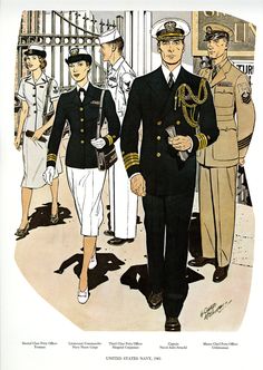 an illustration of two men in uniform walking down the street with other people behind them