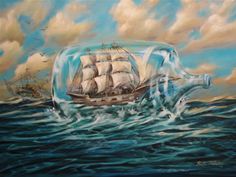 an oil painting of a ship in a bottle