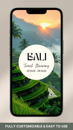 an iphone with the text bali travel itinerary on it, next to a photo of