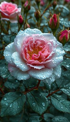 a pink rose with water droplets on it