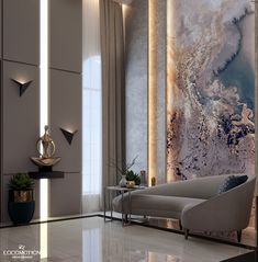 an elegant living room with marble walls and flooring is pictured in this rendering image